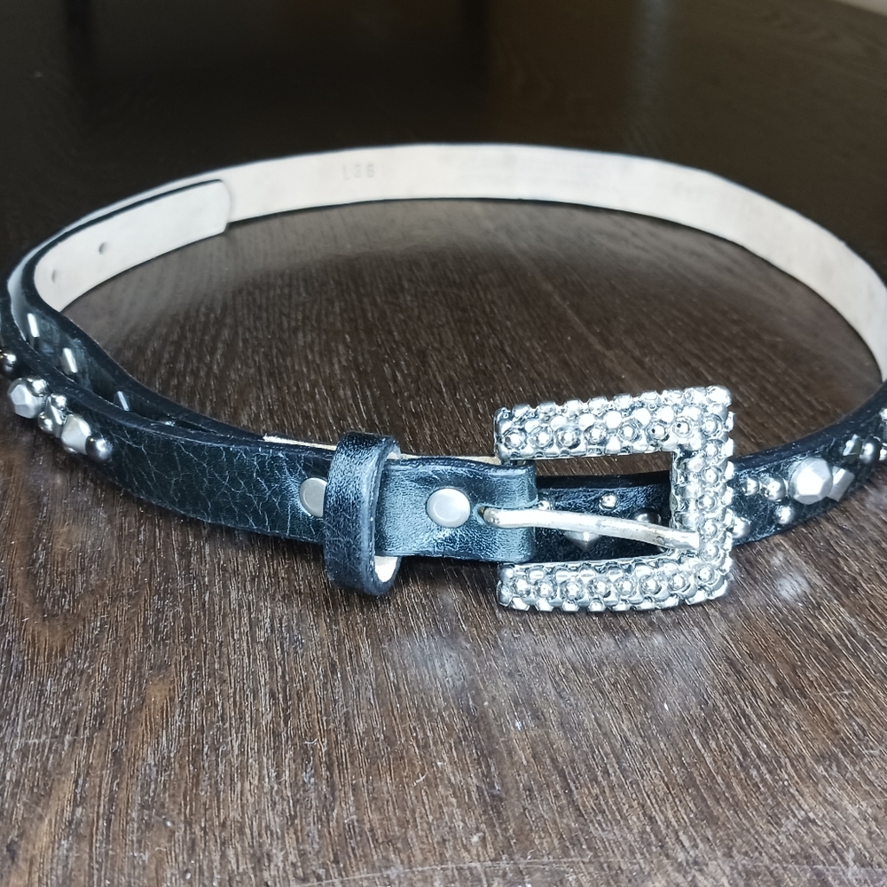 Leatherock Black Leather Studded Rhinestone Belt L36, .75"wide